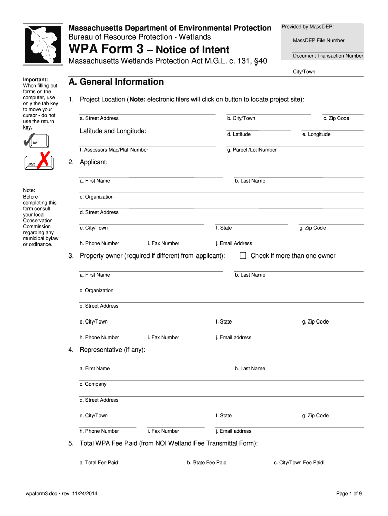  WPA Form 3 Notice of Intent Town of Ashburnham, Massachusetts 2014
