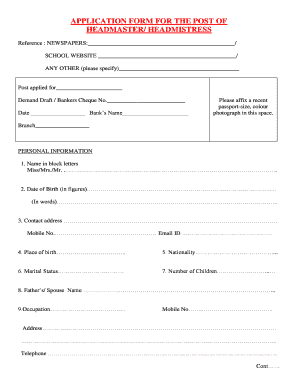 Application for the Post of Headmistress  Form