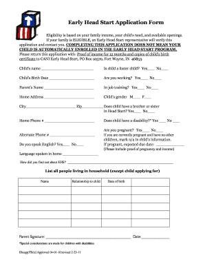 Head Start Application PDF  Form