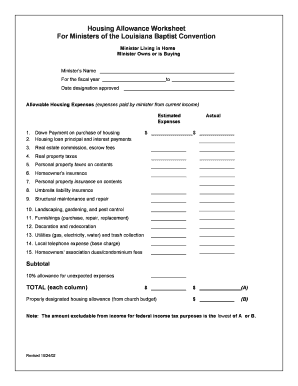 Housing Allowance Worksheet PDF  Form