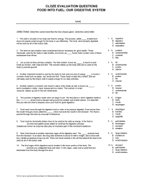 Digestive Excretory Cloze Answer Key  Form