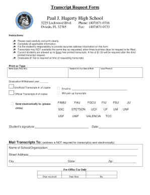 Hagerty High School Transcript Request  Form