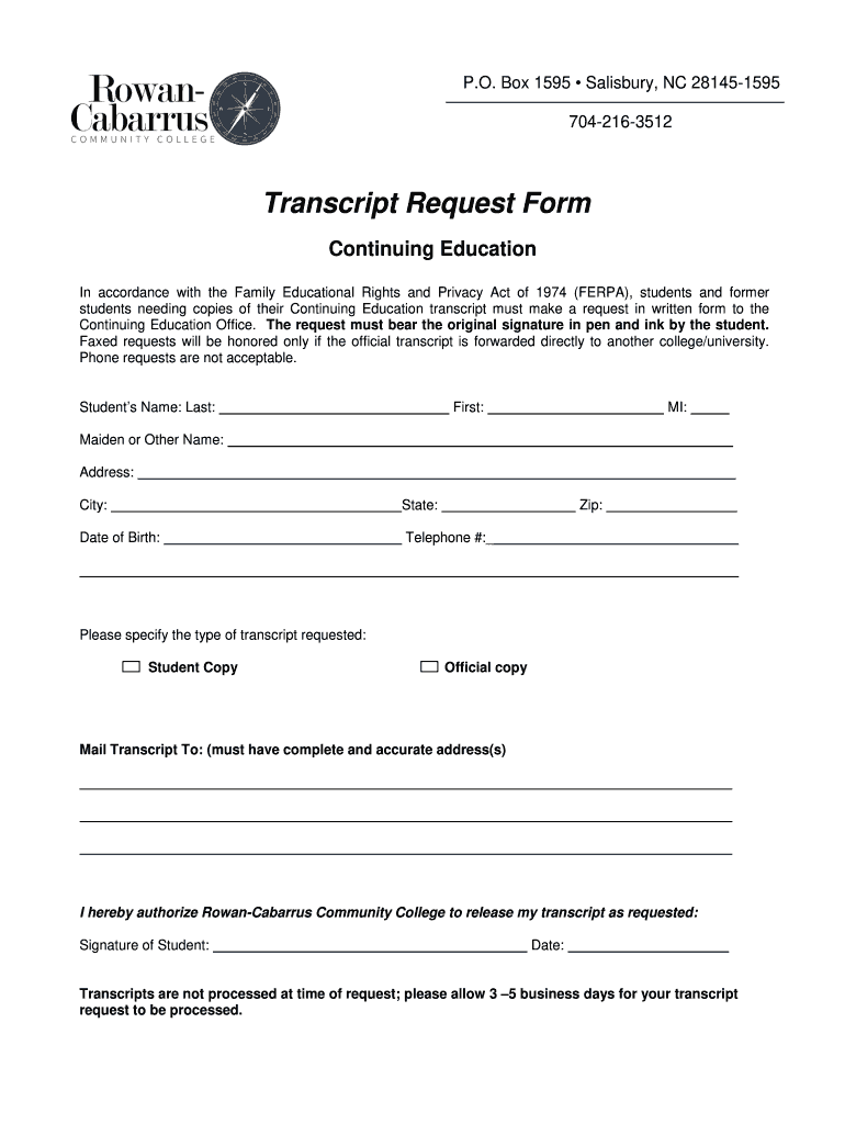 Rowan Cabarrus Community College Transcript  Form