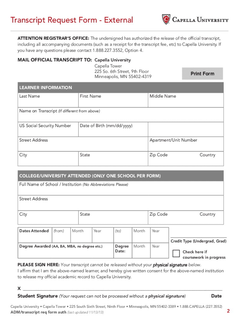  Capella University Official Transcripts 2013-2024