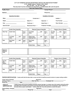 City of Fairborn Backflow Test Report  Form