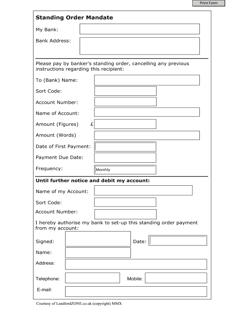 Standing Order Mandate LandlordZONE Rental Property  Form