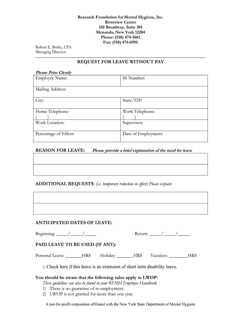 Leave Without Pay Request Form 1002 DOC Corporate Rfmh