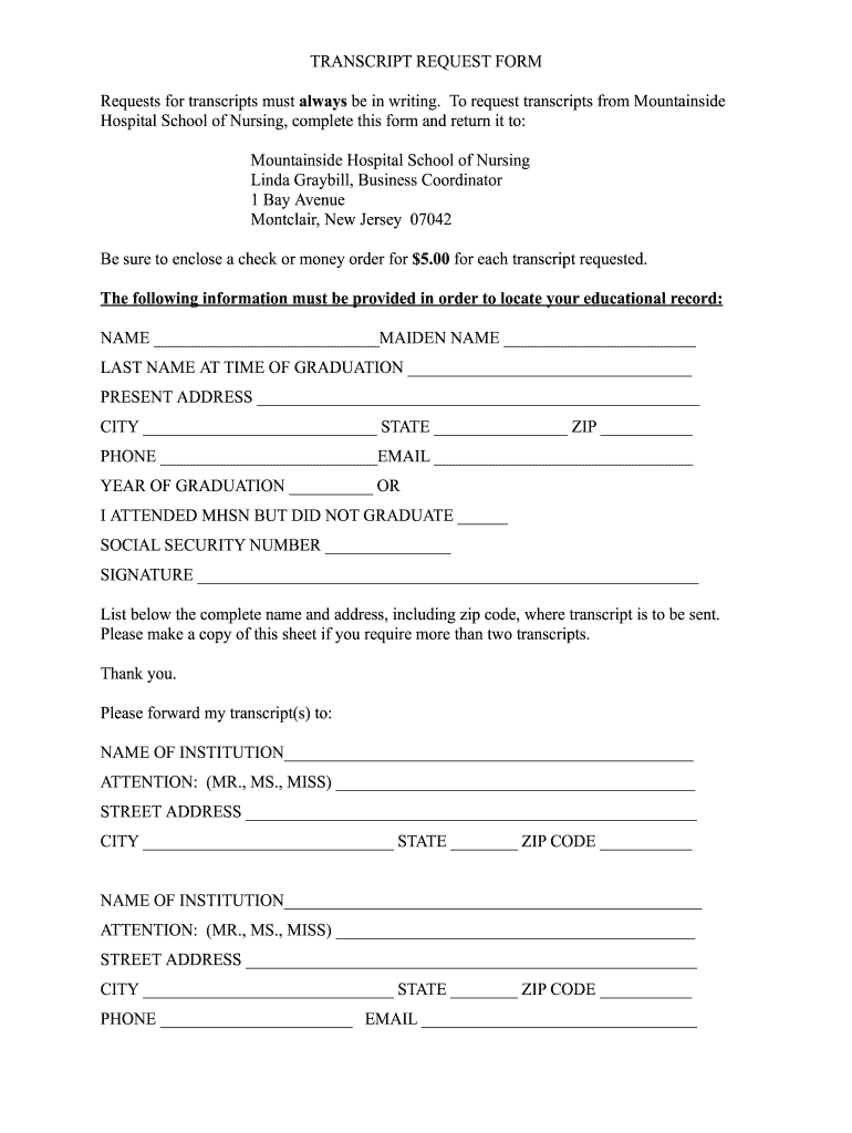 Mountainside Hospital School of Nursing Transcript Request  Form