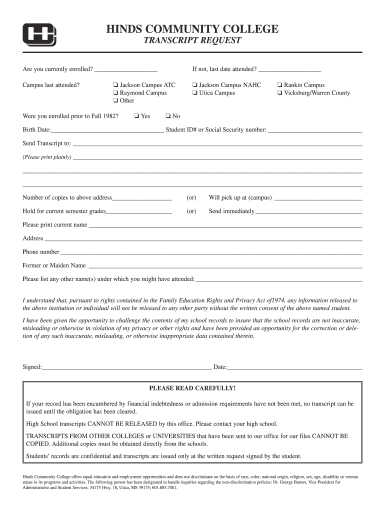 Hinds Community College Transcript Request  Form