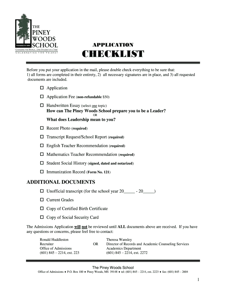 Piney Woods School Application Form