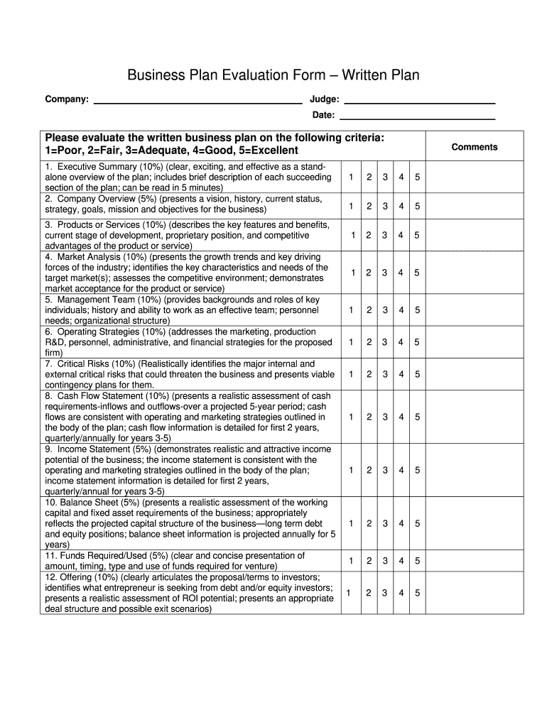 Business Plan Evaluation Sheet  Form