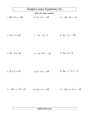Solving Linear Equations Worksheet PDF  Form