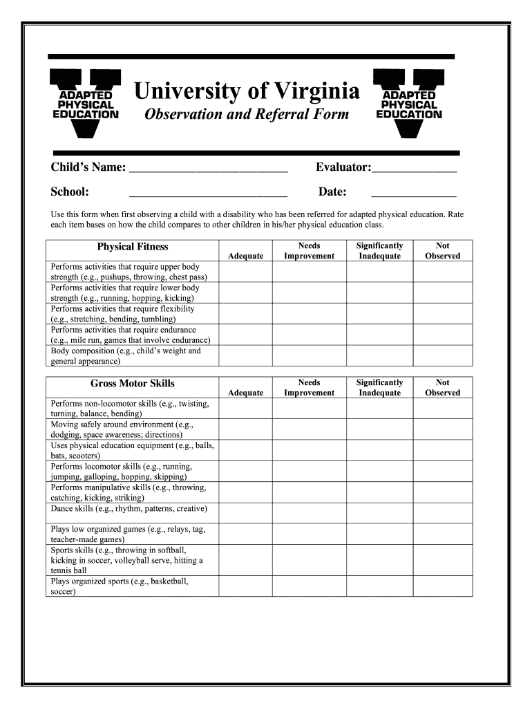 Observation and Referral Form for Adaptive Physical Education