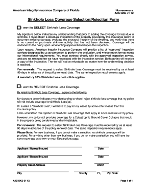 Sinkhole Loss Coverage SelectionRejection Form American Integrity