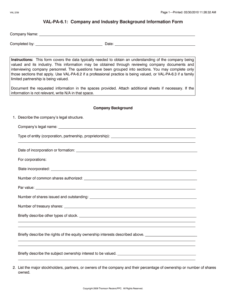 VAL PA 6 1 Company and Industry Background Information Form