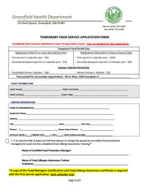 Temporary Food Service Application Town of Greenfield Townofgreenfield  Form