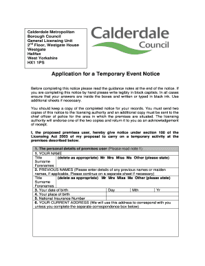 Application for a Temporary Event Notice Calderdale Calderdale Gov  Form