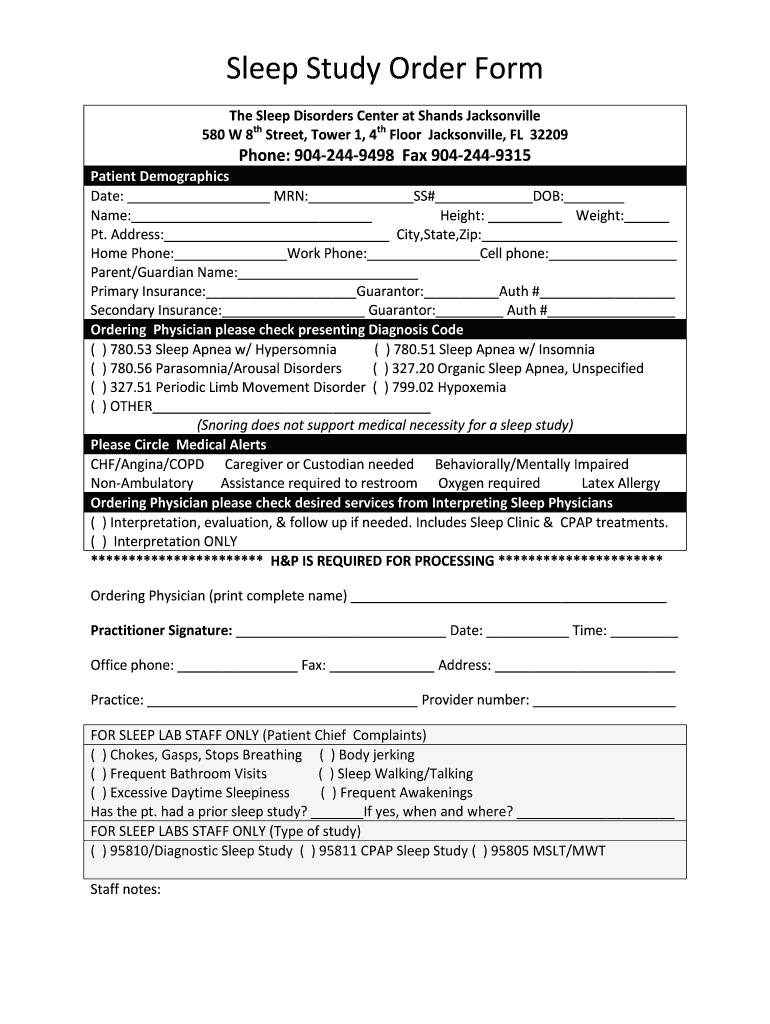 Sleep Study Order Form UF Health Jacksonville