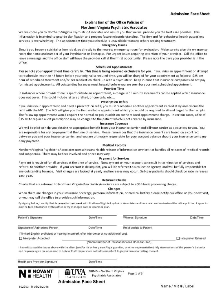 Admission Face Sheet 1  Form