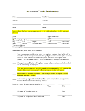 Agreement Transfer Pet Ownership  Form