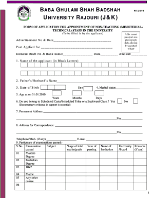 Form of Application for Appointment of Non Teaching Staff in the