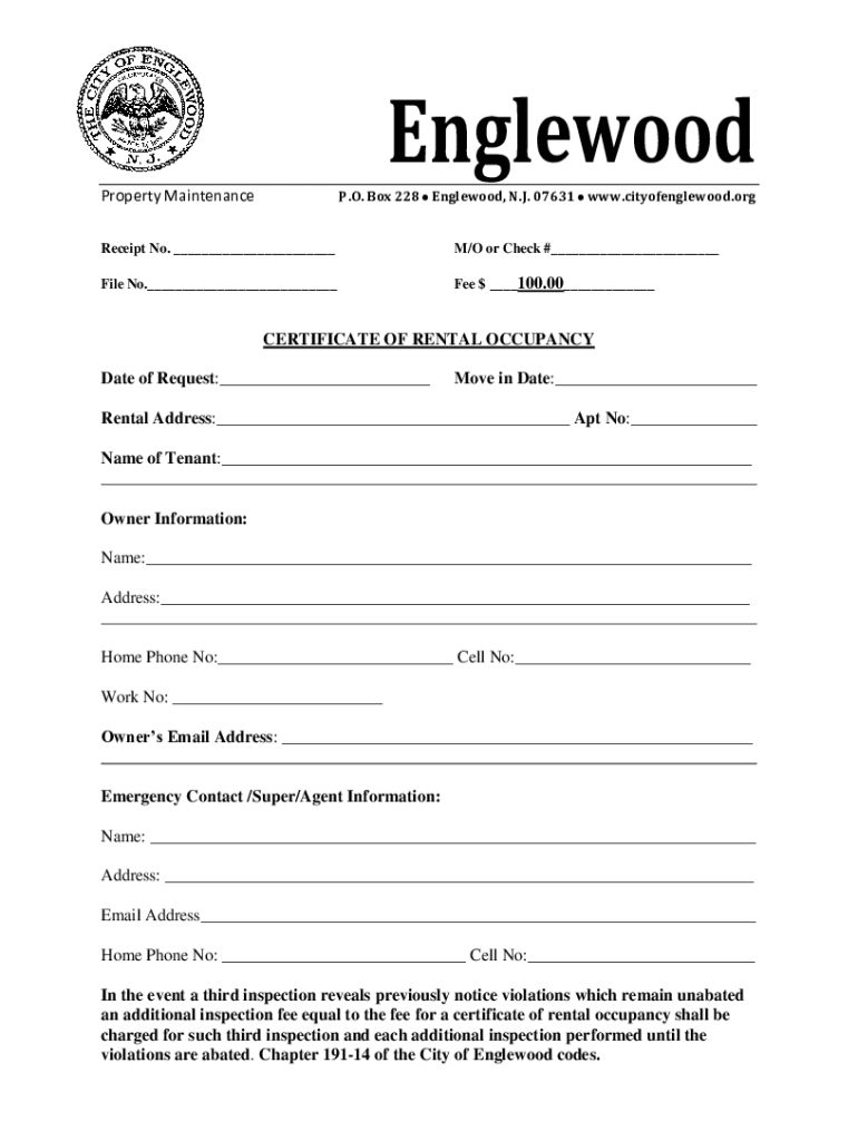  Certificate of Rental Occupancy City of Englewood, NJ 2019-2024