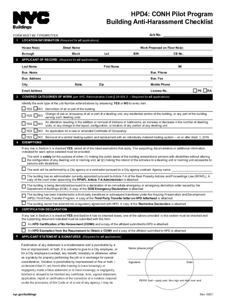  Form HPD4 'Certificate of No Harassment CONH Pilot 2021-2024