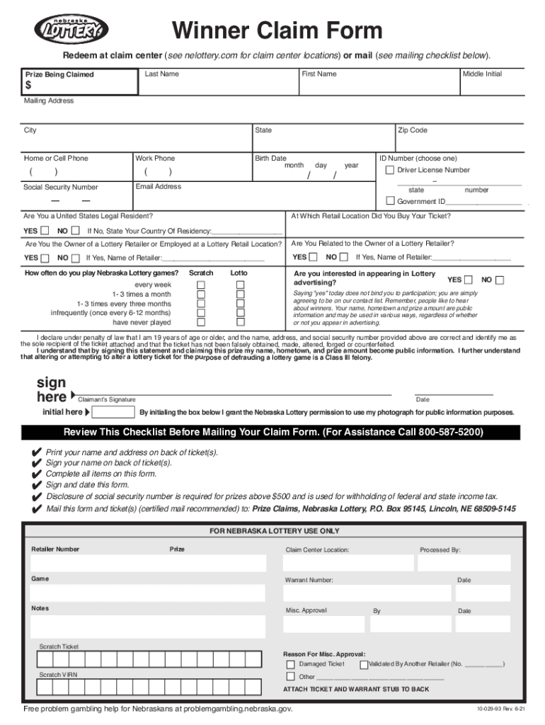 Winner Claim Form Nebraska Lottery