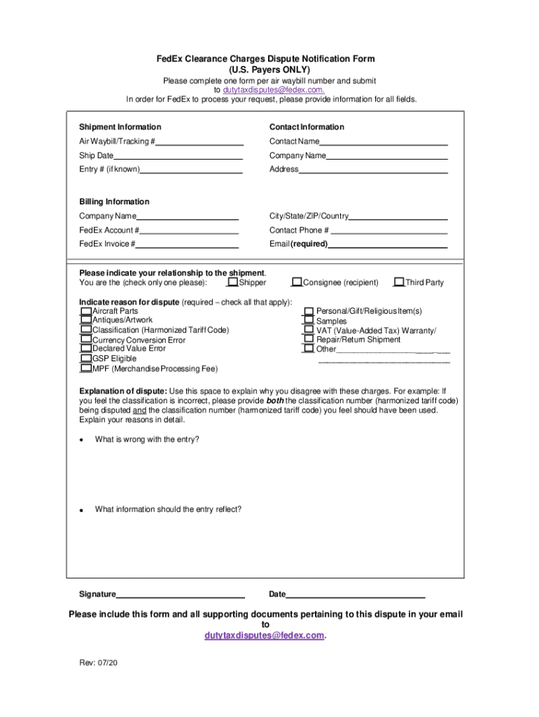 FedEx Clearance Charges Dispute Notification Form U S