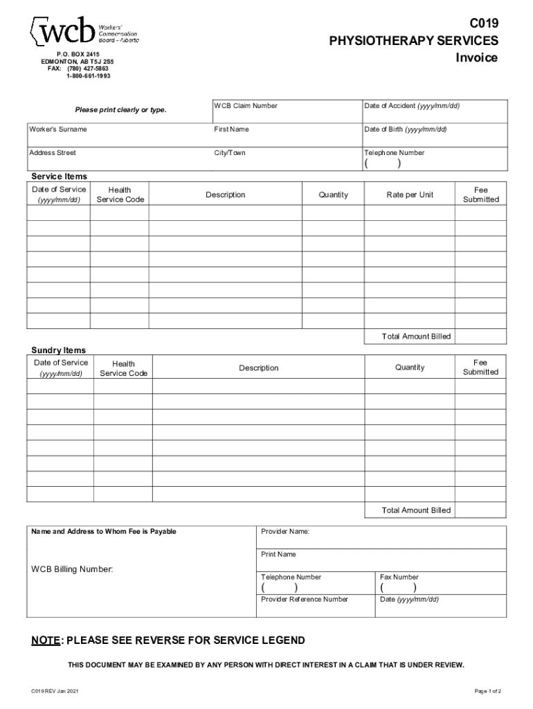  C019 PHYSIOTHERAPY SERVICES Invoice WCB Alberta 2021