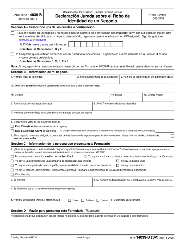  Form 14039 B SP Rev 5 Business Identity Theft Affidavit Spanish Version 2021-2024