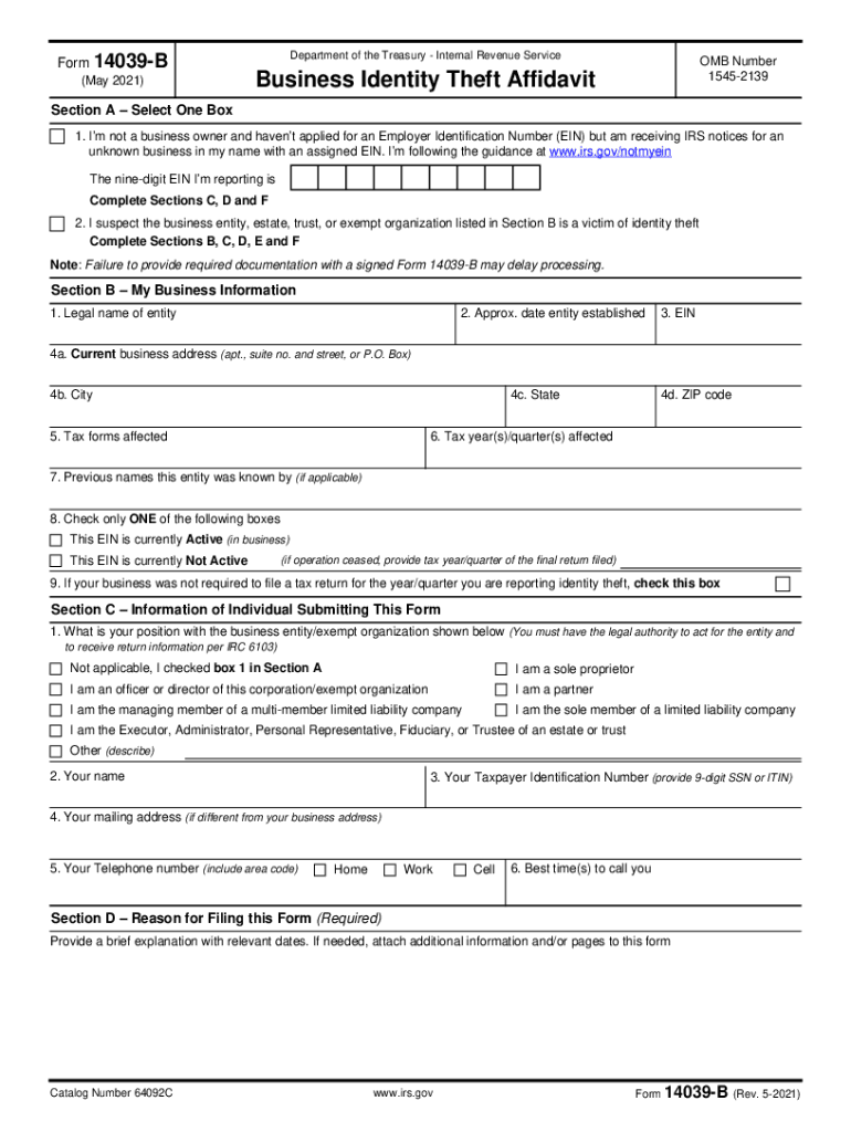  Form 14039 B Rev 5 Business Identity Theft Affidavit 2021-2024