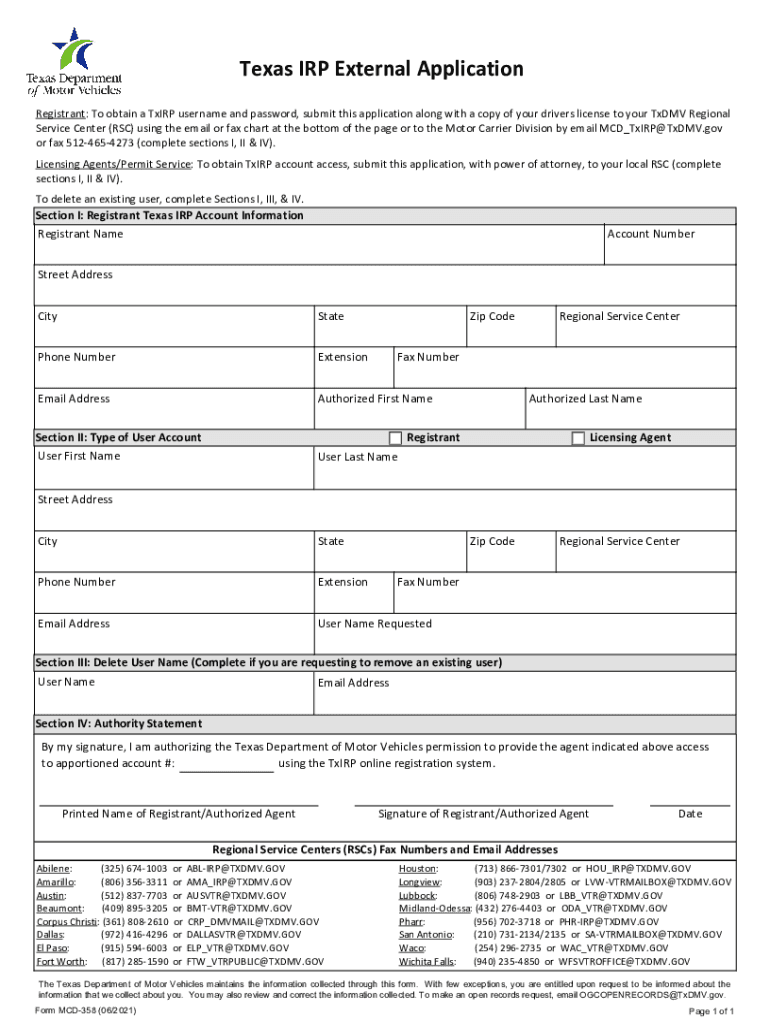  Form MCD 358 &amp;quot;Texas Irp External Application&amp;quot; Texas 2021-2024