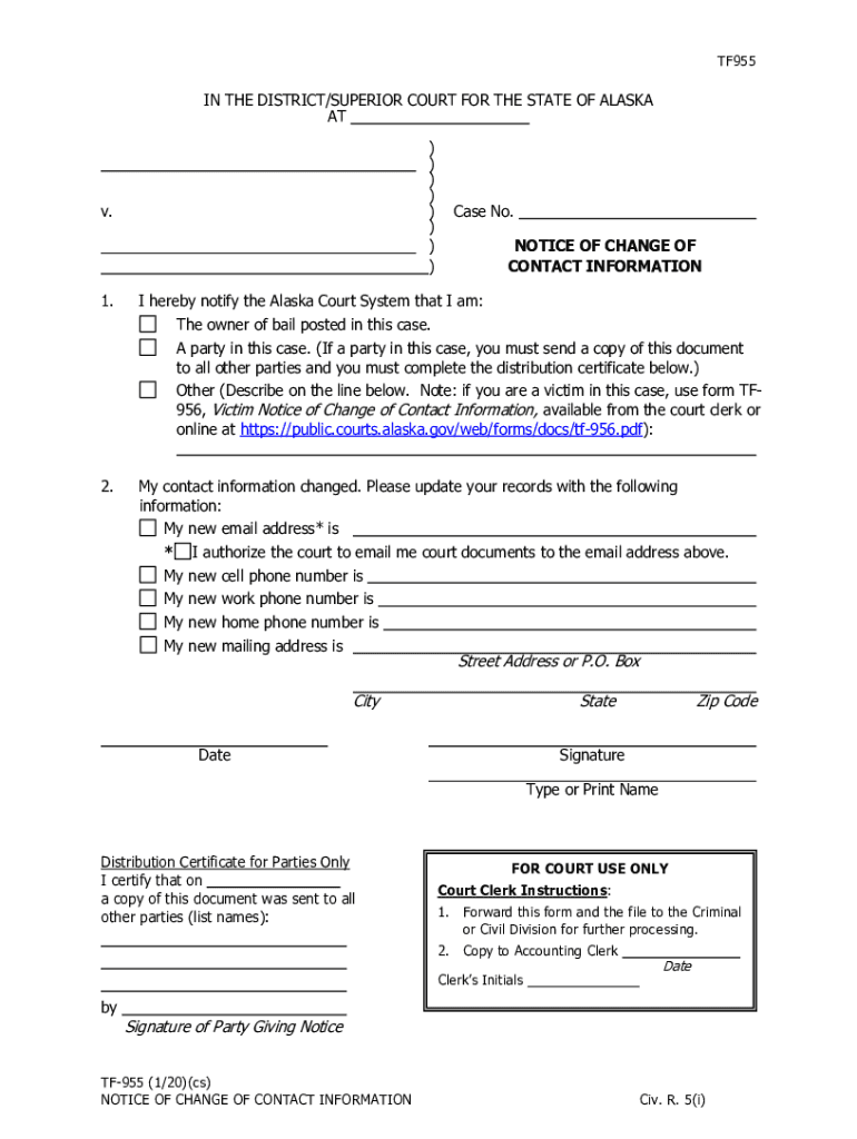 TF 956 Victim Notice of Change of Alaska Court System  Form