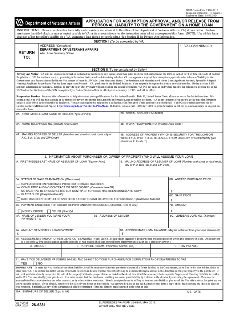  VA Form 26 6381 Application for Assumption Approval Andor Release from Personal Liability to the Government on a Home Loan 2021-2024