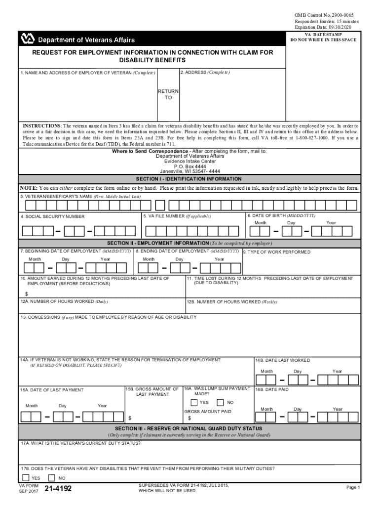  VA Form 21 4192 Download Fillable PDF or Fill Online 2017