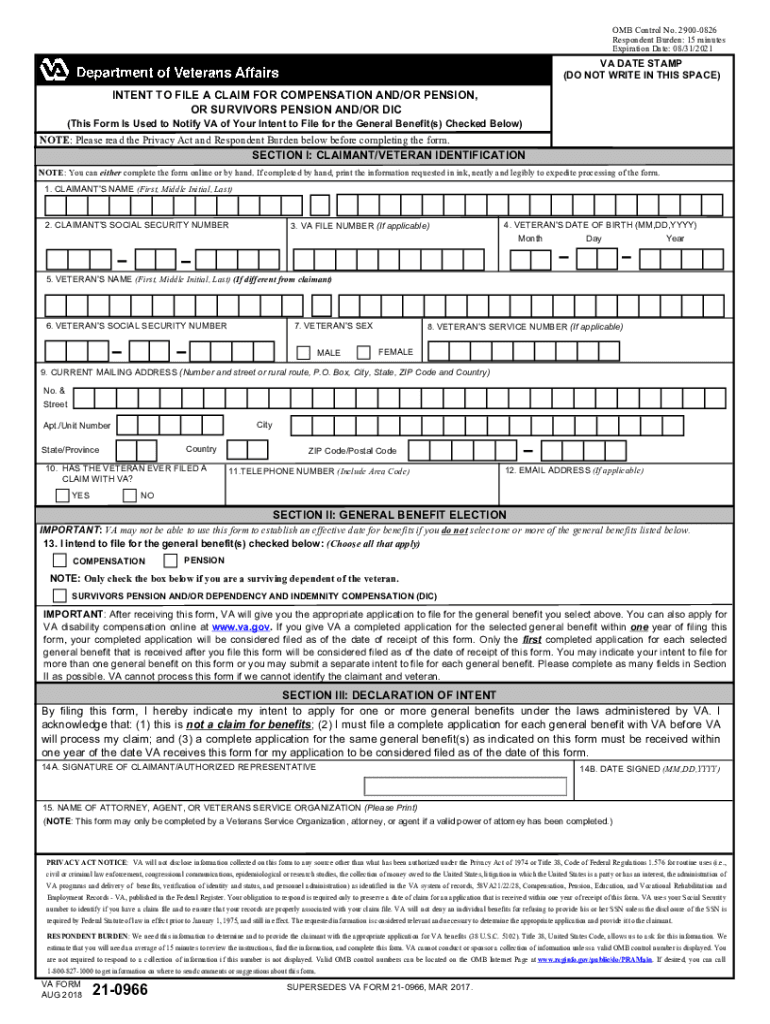  Fillable Online 21 0966 INTENT to FILE a CLAIM for 2018-2024