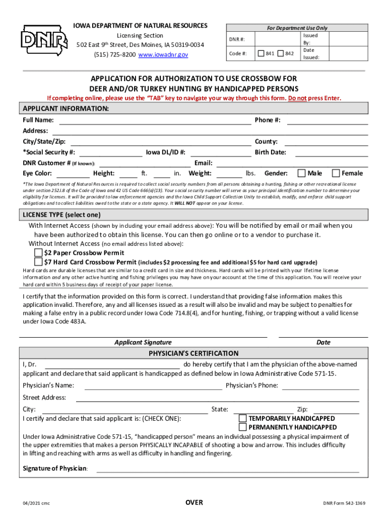 Application for Authorization to Use Crossbow for Iowa DNR  Form