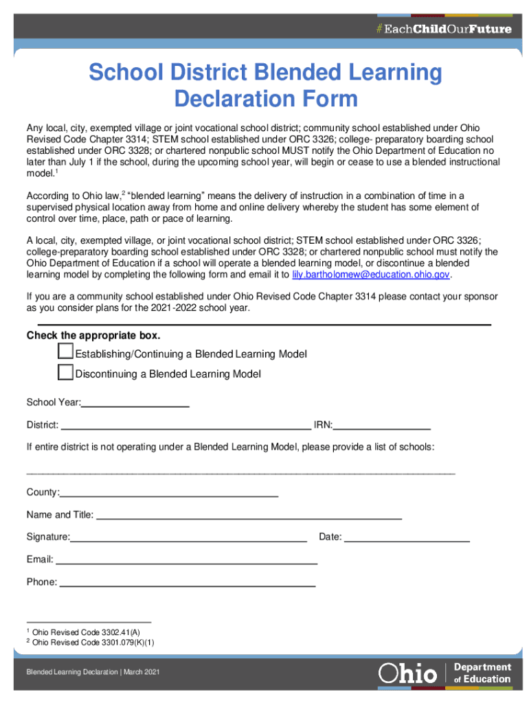 School District Blended Learning Declaration Form Ohio