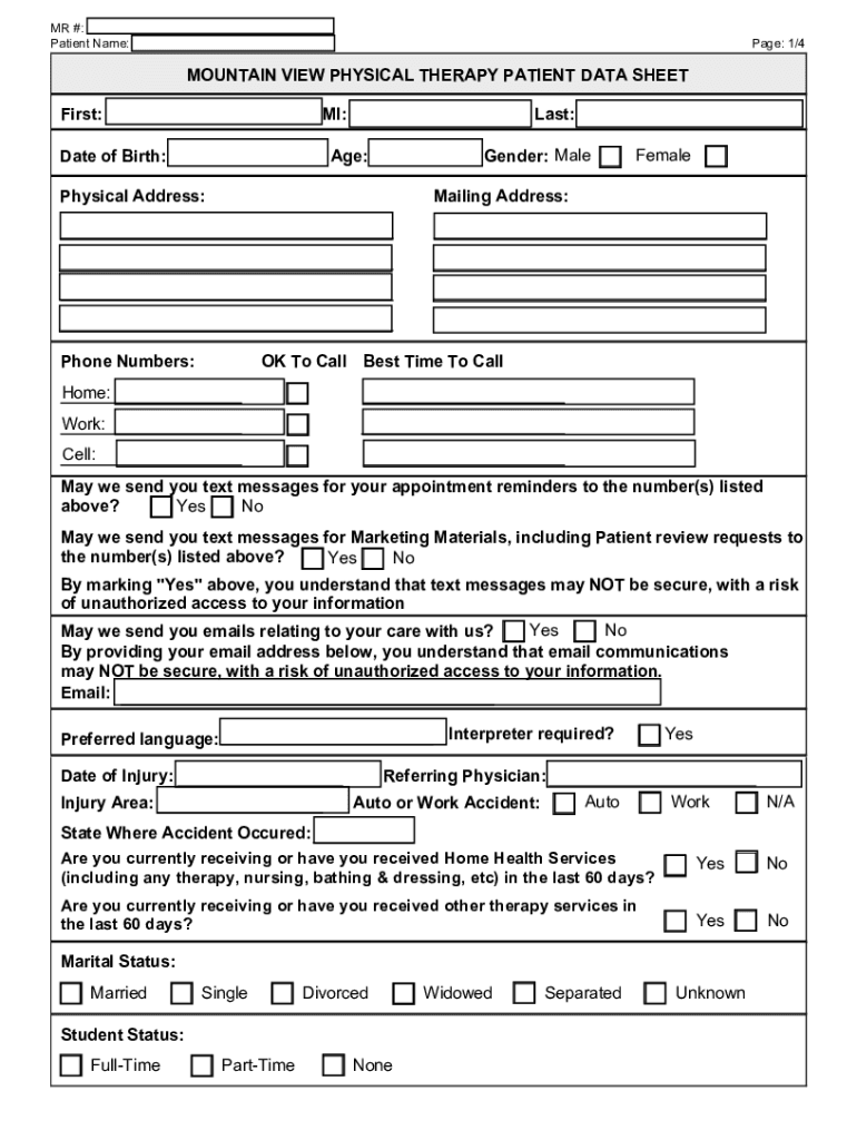 MOUNTAIN VIEW PHYSICAL THERAPY 3$7,17 '$7$ 6 7 LUVW 0  Form