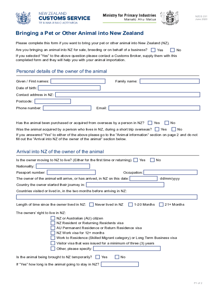 Bringing a Pet or Other Animal into New Zealand NZCS 231  Form