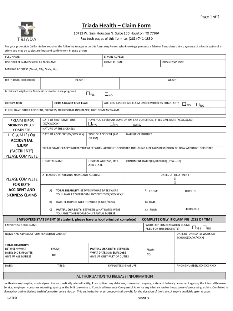 Triada Health Claim Form Ccpoabtf Org