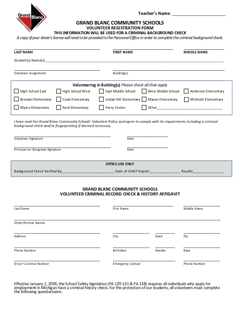 GRAND BLANC COMMUNITY SCHOOLS VOLUNTEER REGISTRATION FORM