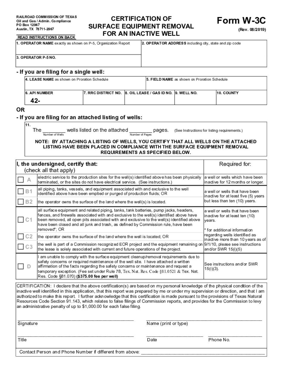  Form W 3C, Certification of Surface Equipment Removal for an 2019-2024