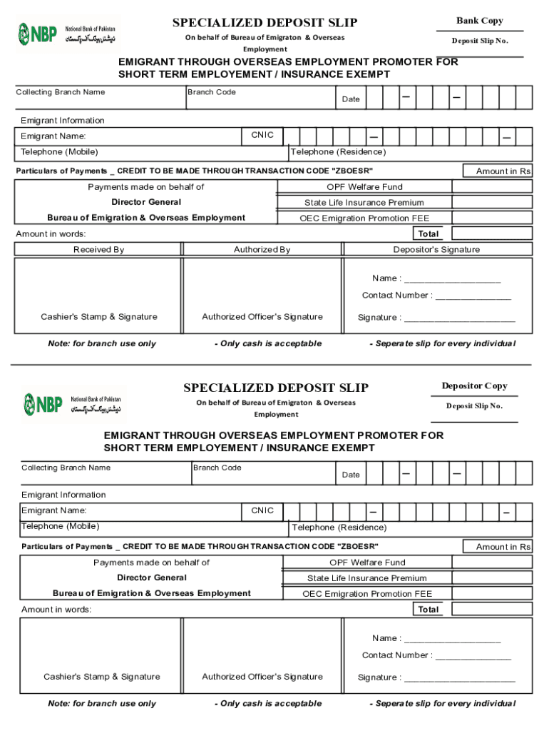 SPECIALIZED DEPOSIT SLIP NBP  Form