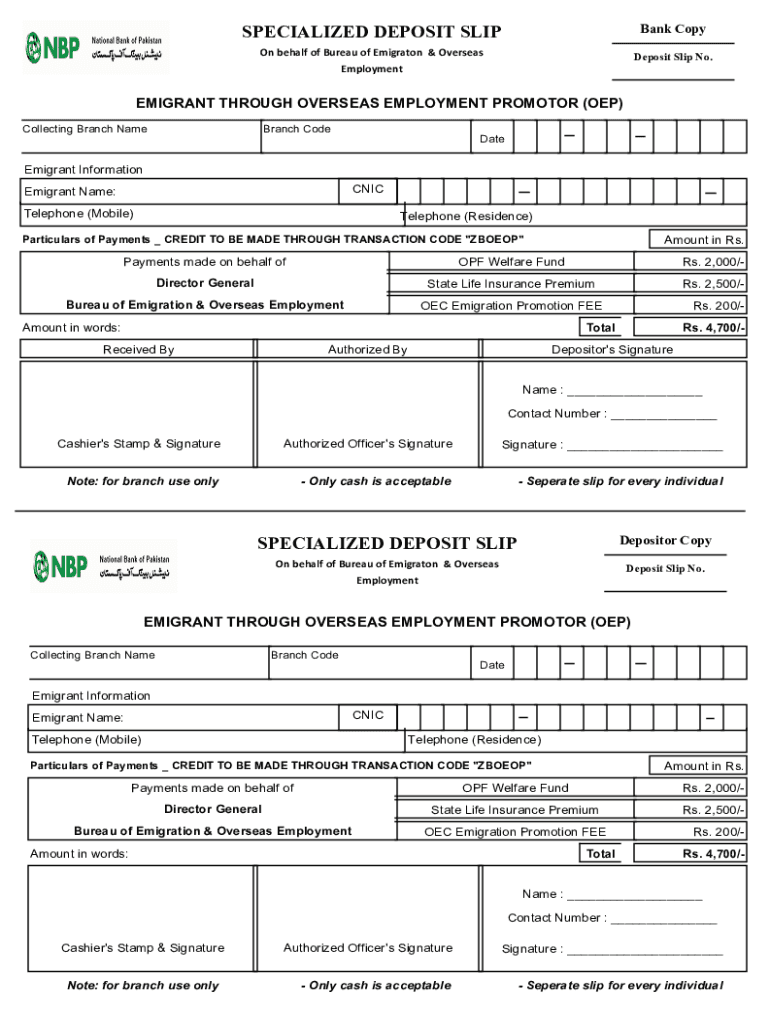 Specialized Deposit Slip  Form