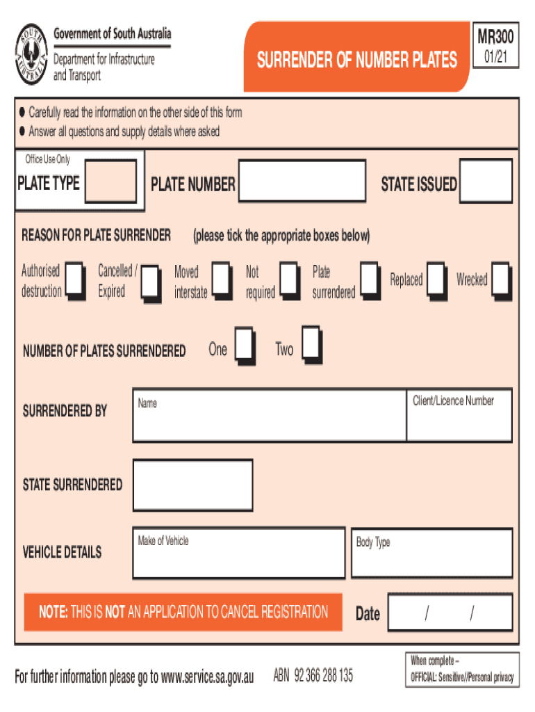 MR300 Surrender of Number Plates Form Number Plate Surrender