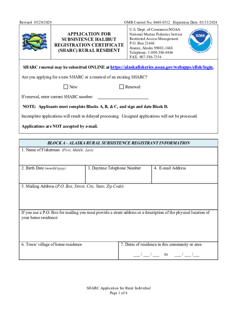  APPLICATION for SUBSISTENCE HALIBUT REGISTRATION CERTIFICATE SHARC RURAL RESIDENT APPLICATION for SUBSISTENCE HALIBUT REGISTRATI 2020-2024