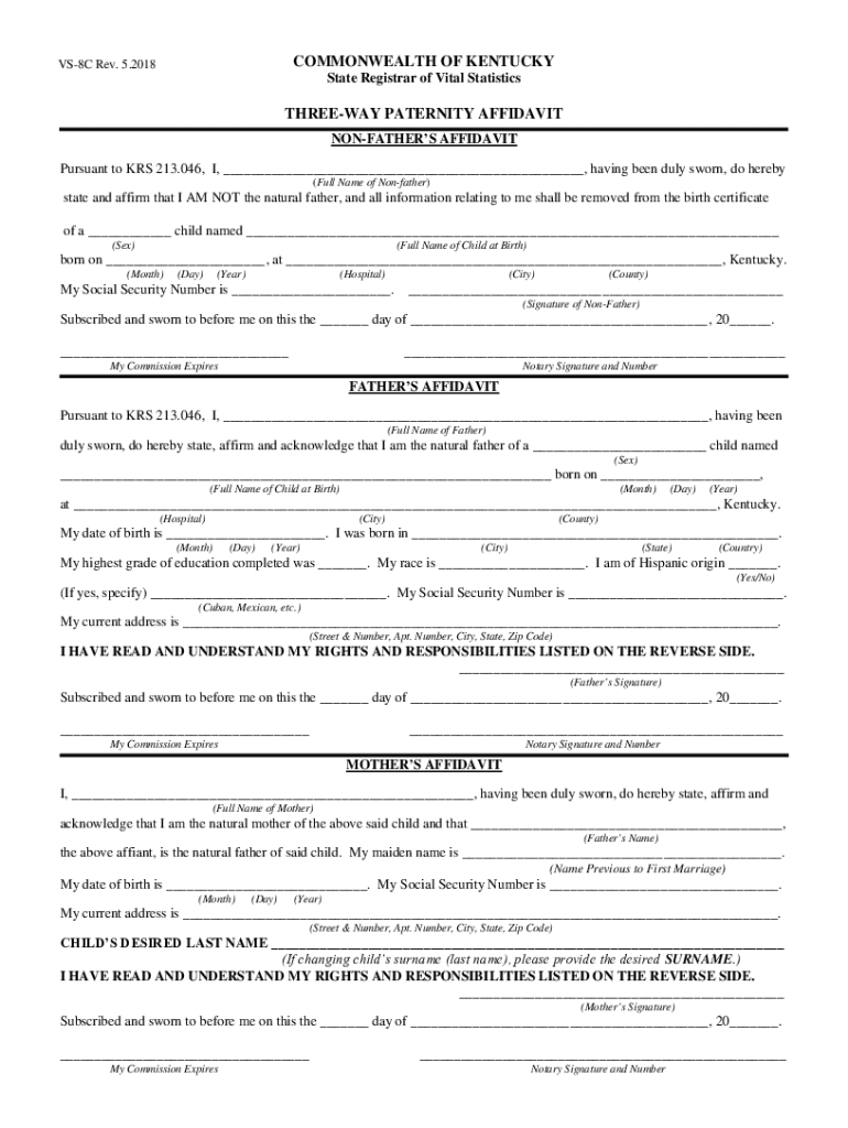 THREE WAY PATERNITY AFFIDAVIT Kentucky  Form