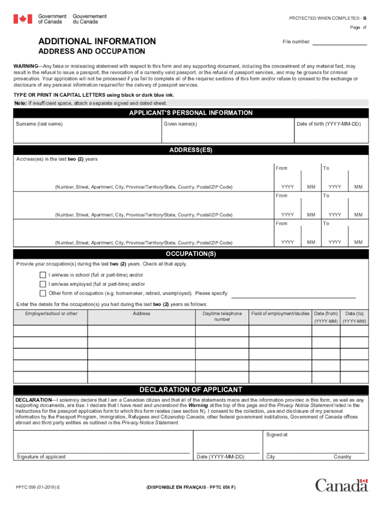  Canada Occupation Form 2019